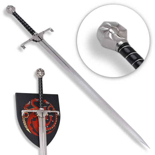 House of the Dragon replica sword – Targaryen dragon blade with Valyrian steel finish, dragon-wing guard, black leather hilt, and ruby sun pommel | Official Game of Thrones collectible for cosplay and display