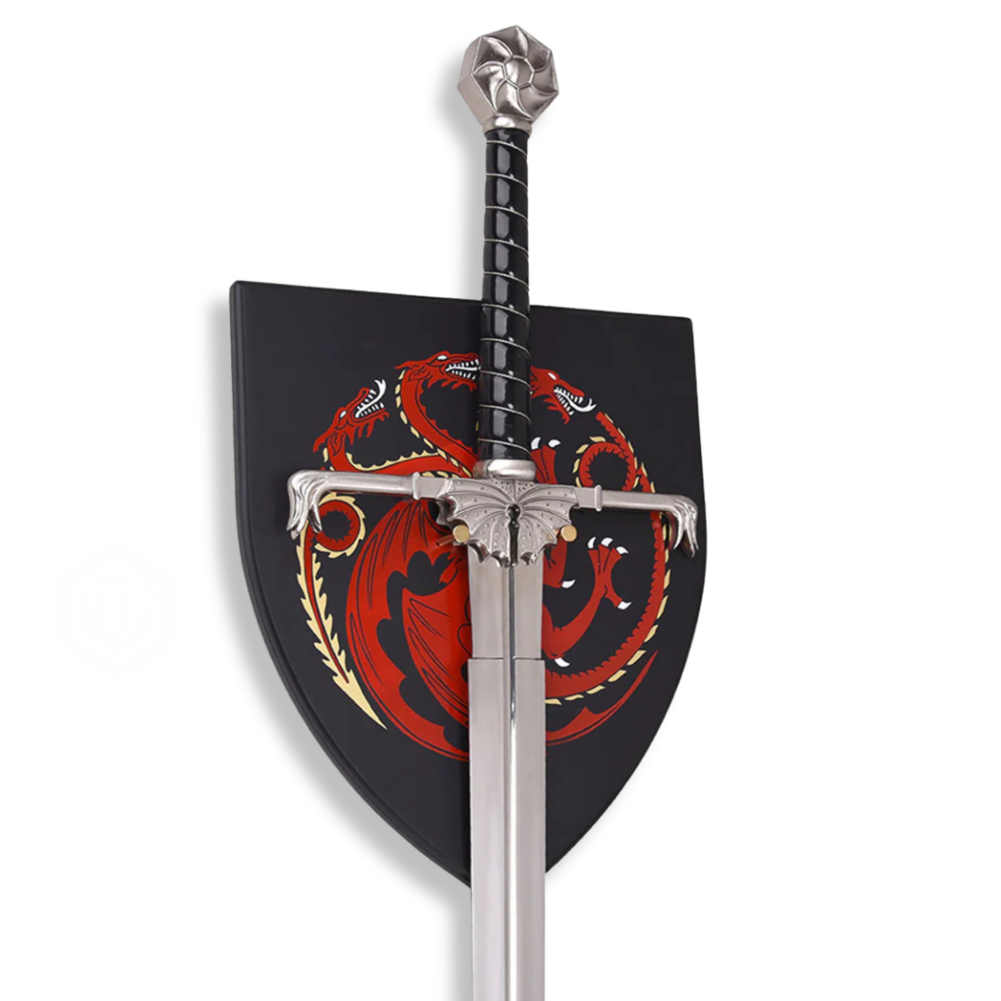 House of the Dragon replica sword – Targaryen dragon blade with Valyrian steel finish, dragon-wing guard, black leather hilt, and ruby sun pommel | Official Game of Thrones collectible for cosplay and display