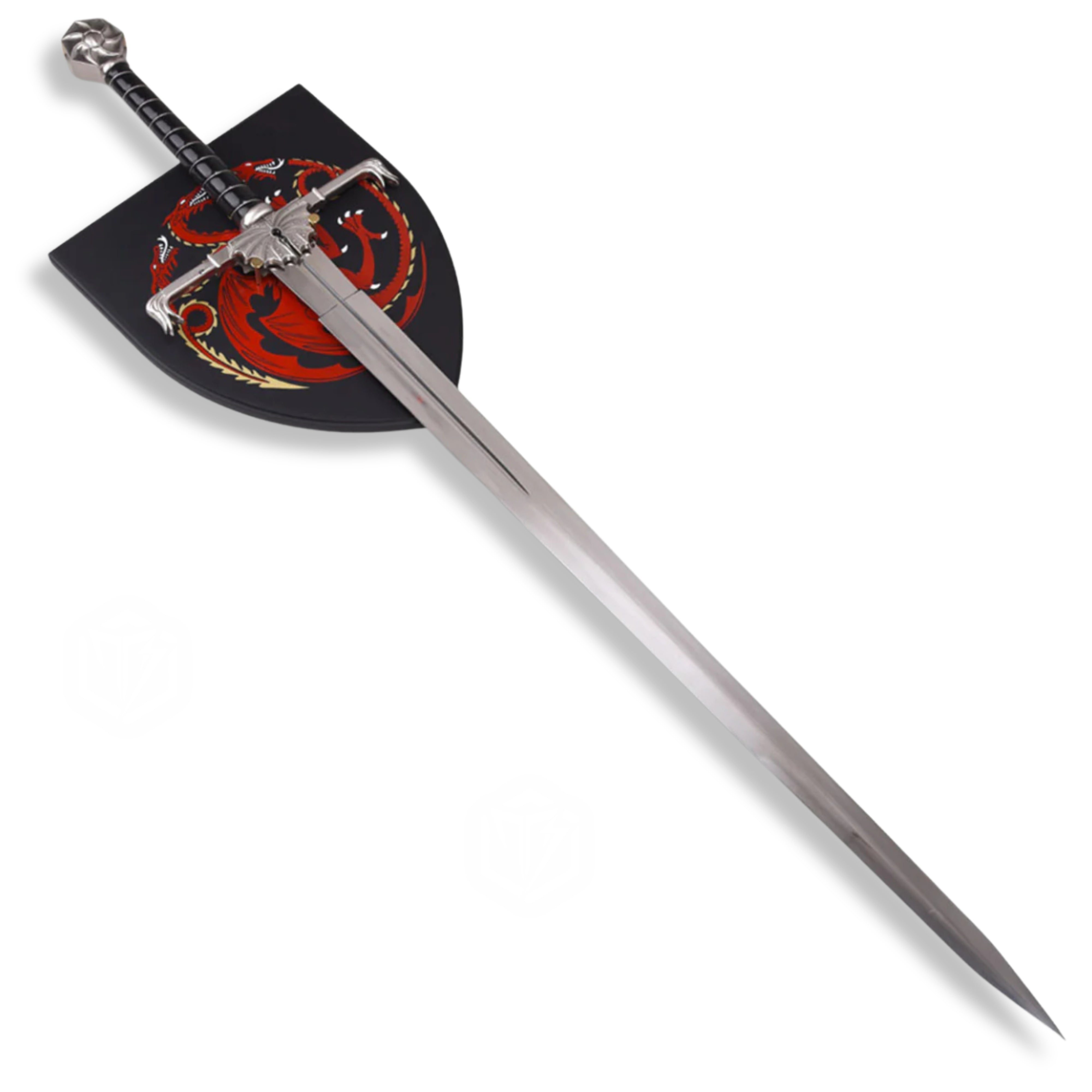 House of the Dragon replica sword – Targaryen dragon blade with Valyrian steel finish, dragon-wing guard, black leather hilt, and ruby sun pommel | Official Game of Thrones collectible for cosplay and display