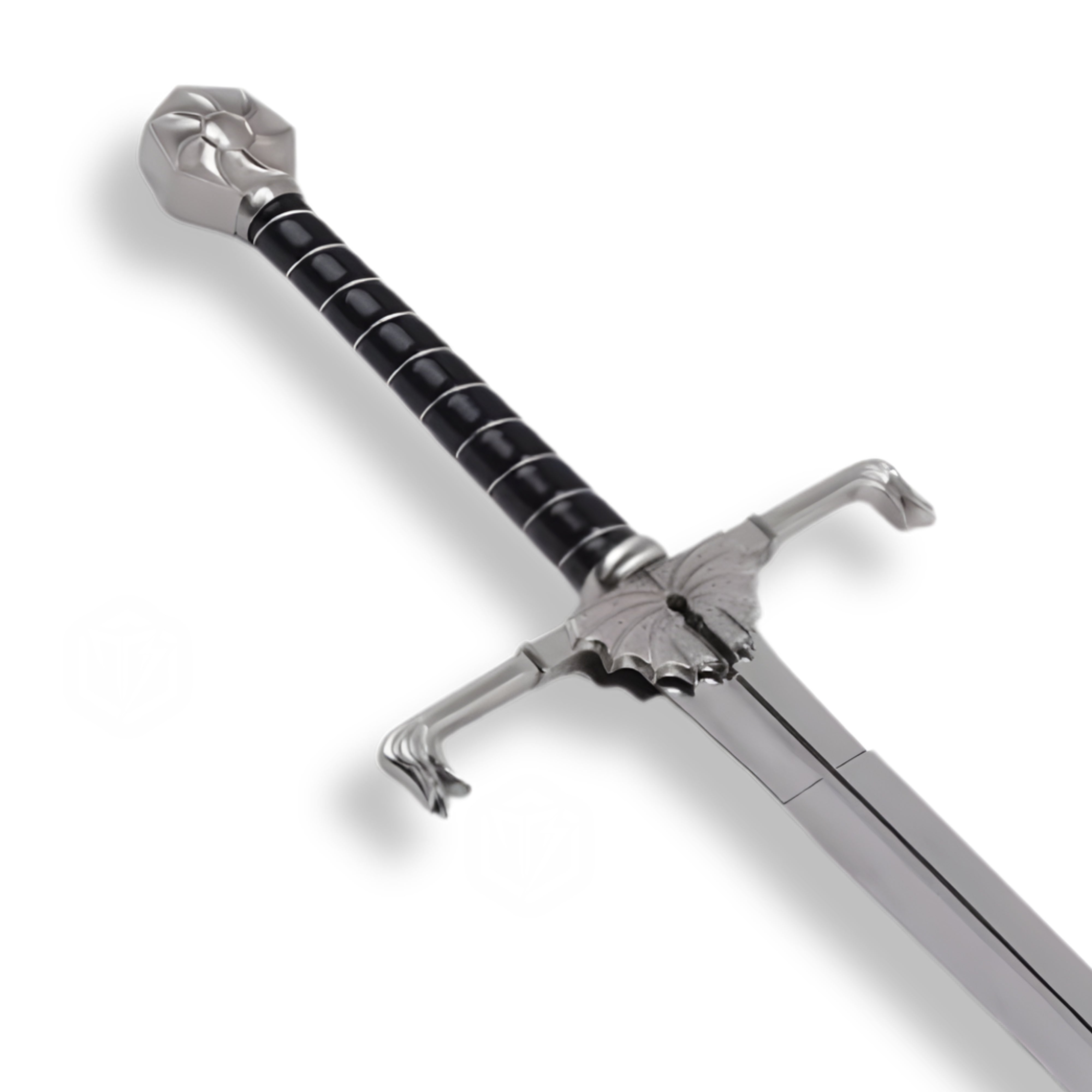 House of the Dragon replica sword – Targaryen dragon blade with Valyrian steel finish, dragon-wing guard, black leather hilt, and ruby sun pommel | Official Game of Thrones collectible for cosplay and display