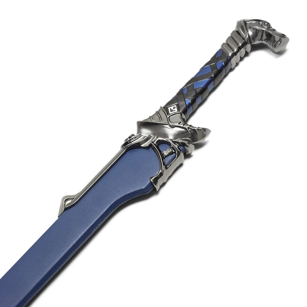 Close-up of the Ice Fantasy Sword display collectible highlighting the intricate guard, decorative handle, premium display finish, and matching blue hardwood scabbard for fantasy-themed collector displays.