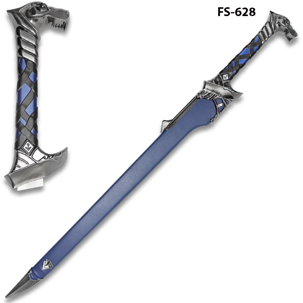 Full-length Ice Fantasy Sword collectible with blue hardwood scabbard displayed for fantasy enthusiasts, medieval décor lovers, cosplay photography, gaming room decoration, and premium display collections.
