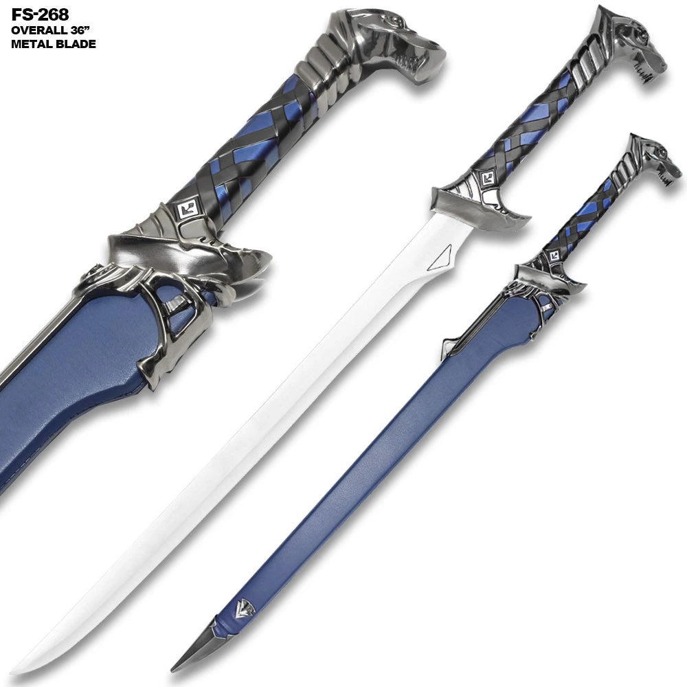 Detailed Ice Fantasy Sword collector display featuring premium decorative craftsmanship, elegant fantasy-inspired design, durable stainless steel construction, and a beautifully finished blue hardwood scabbard.