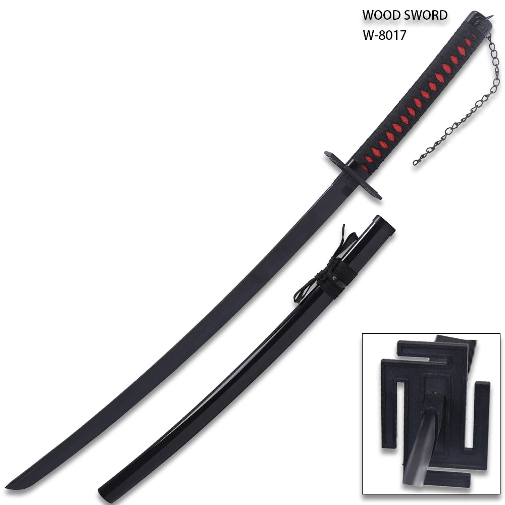 Forty-inch Ichigo Bankai anime wood sword with black plastic scabbard for collector and manga displays