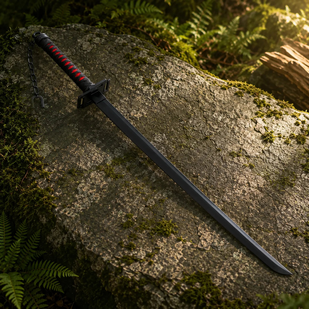 Zangetsu prop replica displayed in forest setting – Bleach anime fan collectible with chain detail
