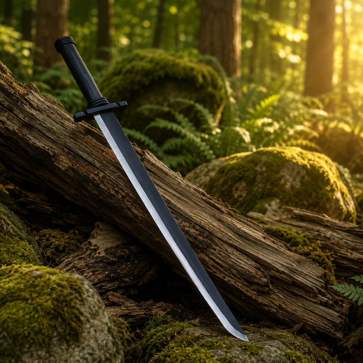 Gin Ichimaru Shinsō prop replica leaning on fallen log in forest – Bleach display collectible