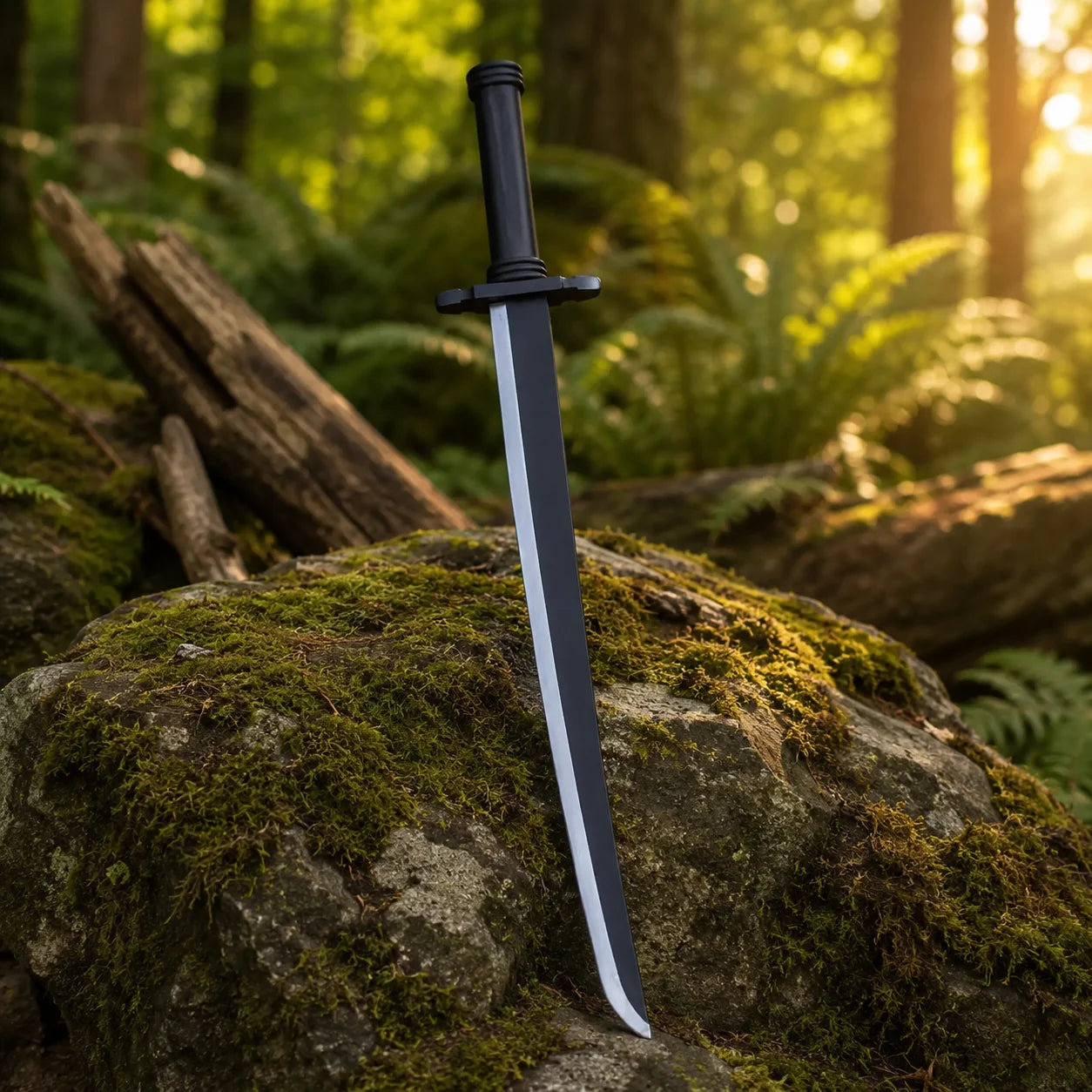 Gin Ichimaru Shinsō prop replica standing upright on mossy rock – Bleach anime sword collectible