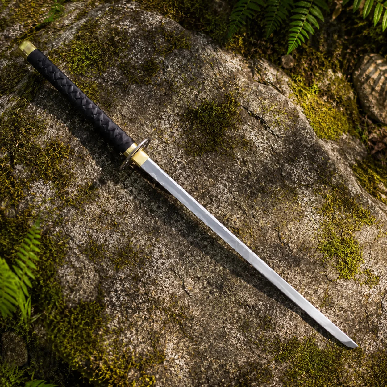 Ichimaru Gin Shinso Zanpakuto prop replica full view on mossy rock – Bleach display collectible