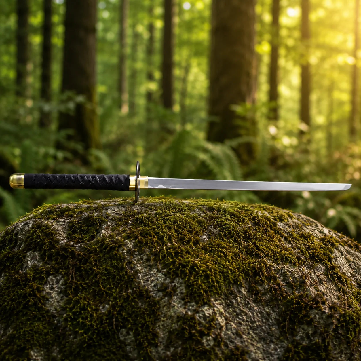 Ichimaru Gin Shinso Zanpakuto prop replica displayed on mossy forest rock – Bleach anime collectible
