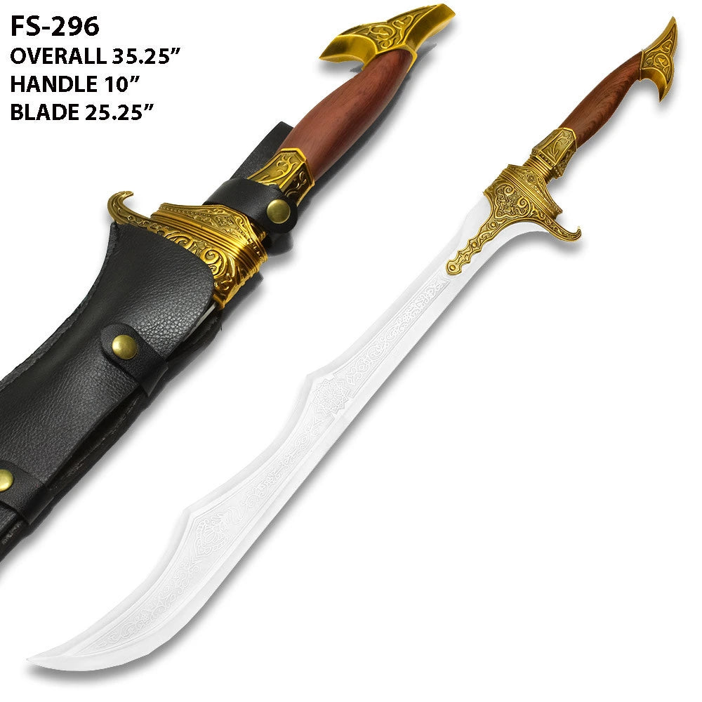 Initiate of Alamut display collectible presented with the included premium wood wall display plaque and matching decorative scabbard, creating a striking centerpiece for gaming rooms, collector walls, cosplay photography, themed interiors, and convention displays.