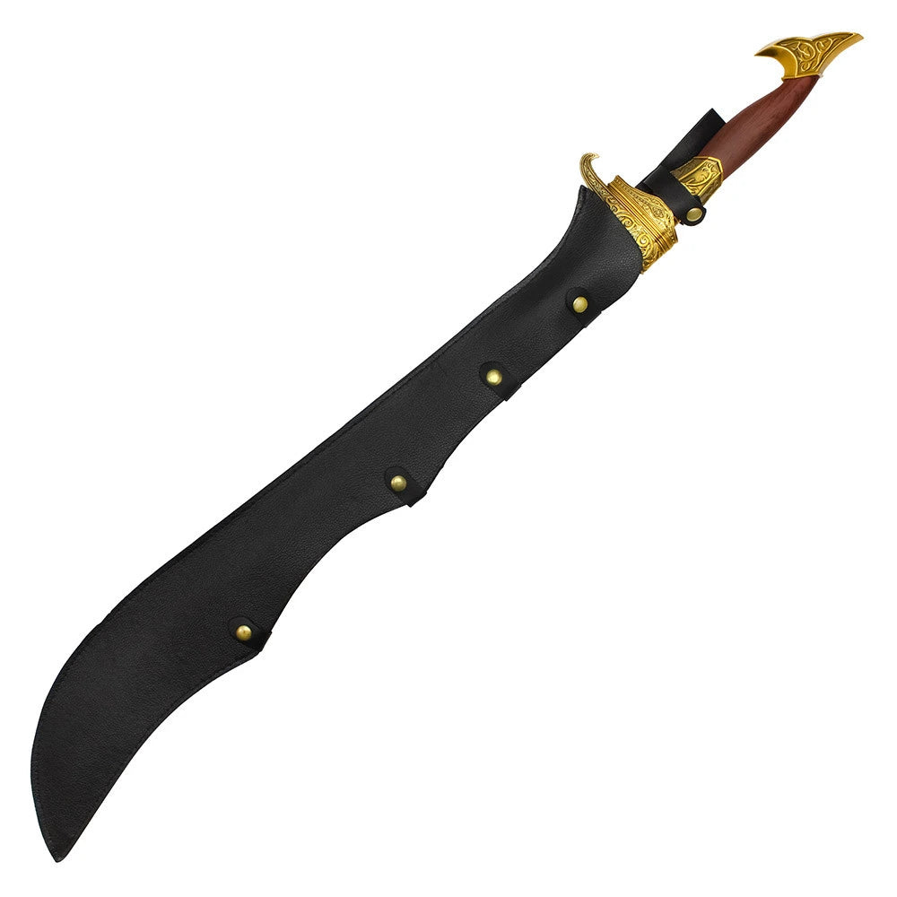 Close-up of the Initiate of Alamut display collectible highlighting the engraved stainless steel blade, decorative wrapped grip, medieval-inspired crossguard, premium display finish, and exceptional craftsmanship designed for Assassin's Creed collectors and fantasy enthusiasts.