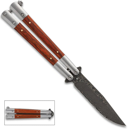 Ironwood Damascus butterfly knife with 3.75-inch 440C blade and wood inlays for EDC