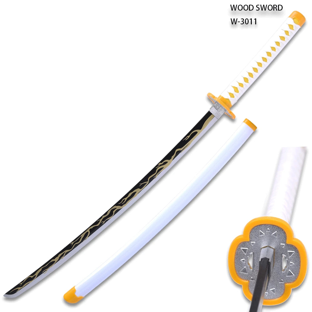 Detailed Demon Slayer Kaigaku Sword with yellow lightning blade for cosplay conventions, photography, and collector displays
