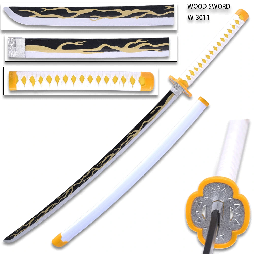 Demon Slayer Kaigaku Sword featuring a yellow wooden blade, faux white wrapped handle, and silver-accented plastic scabbard