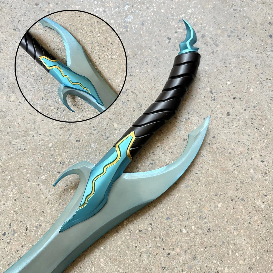 Kamish's Wrath Solo Leveling cosplay dagger real-life photo on stone surface showing teal blade, black twisted grip, and blue-gold crossguard detail