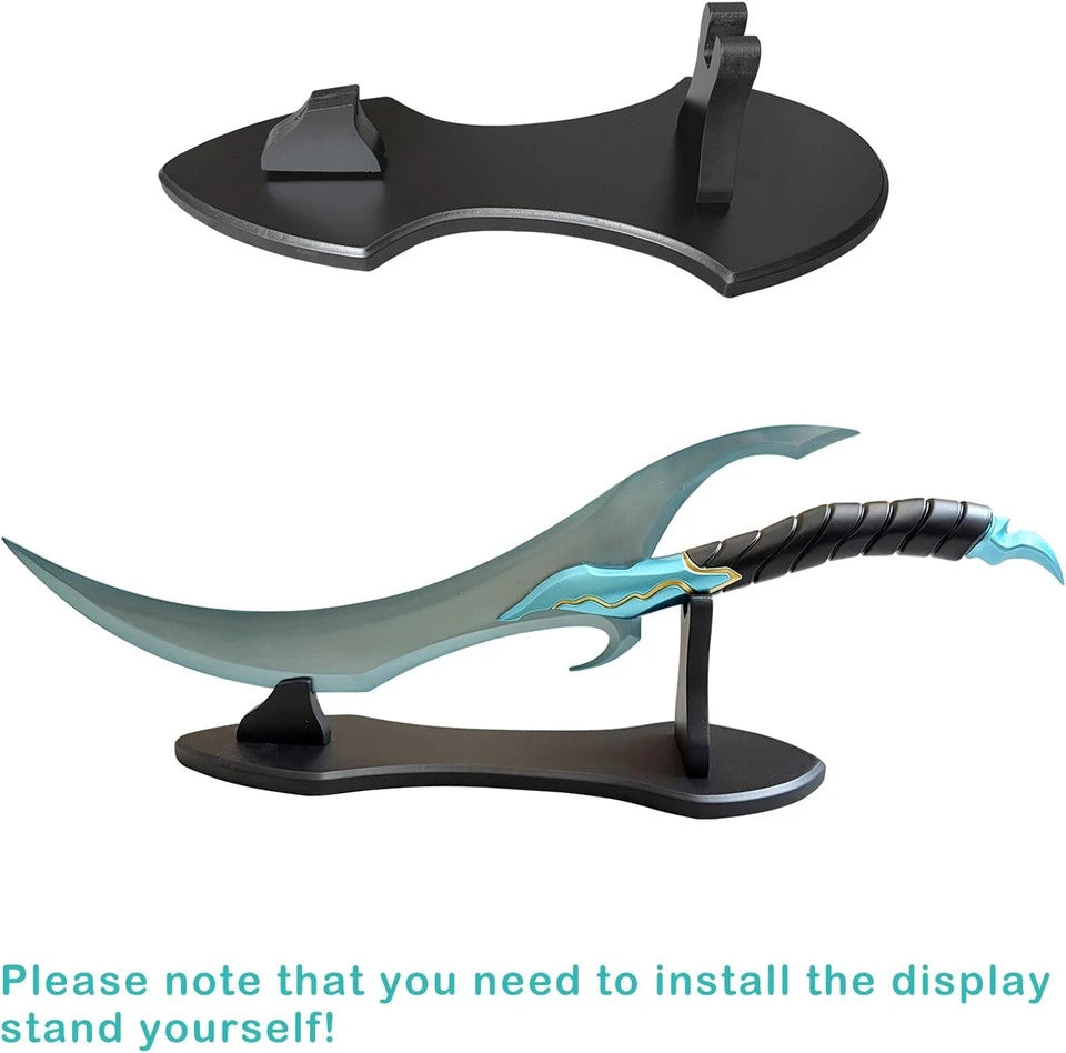 Kamish's Wrath Solo Leveling replica dagger displayed on black desktop stand with separate stand components shown above — includes self-assembly display stand