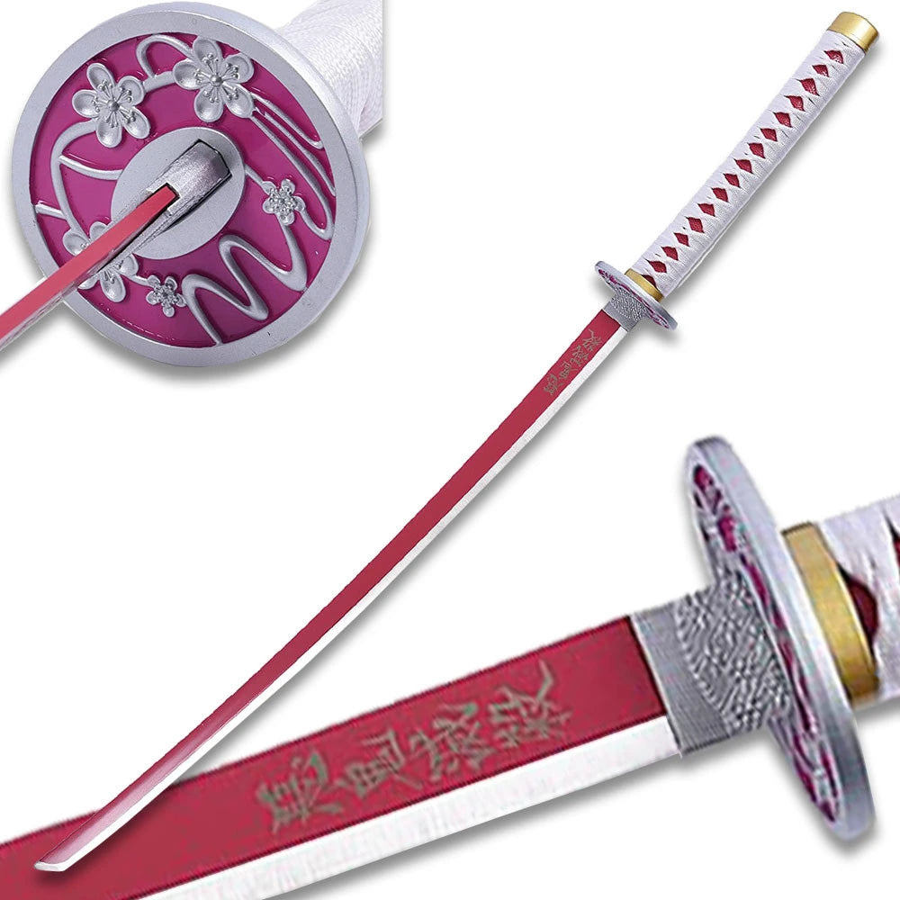Close-up of Kanao Tsuyuri Sword showing its two-tone blade finish, detailed guard, and white cord-wrapped handle