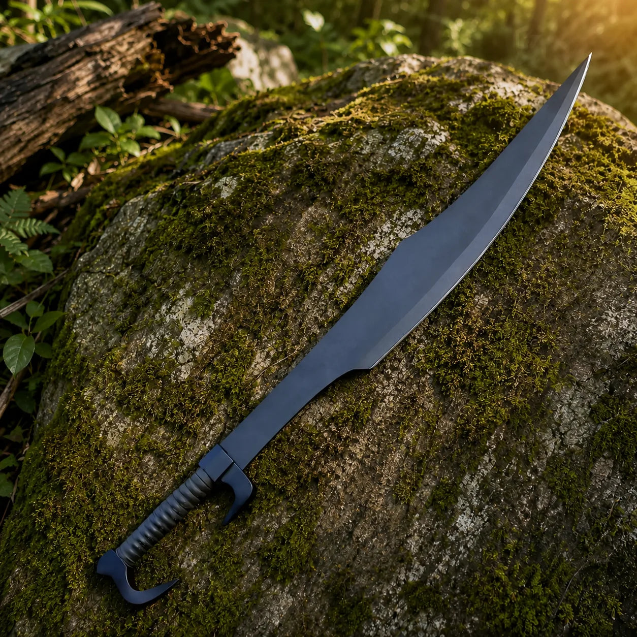 King Leonidas Spartan Sword Replica 300 lying on a mossy rock in a forest setting