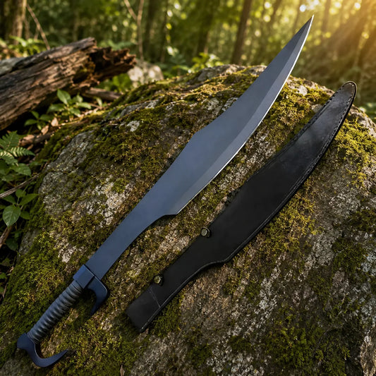 King Leonidas Spartan Sword Replica 300 held in a gloved hand against a mossy rock outdoors