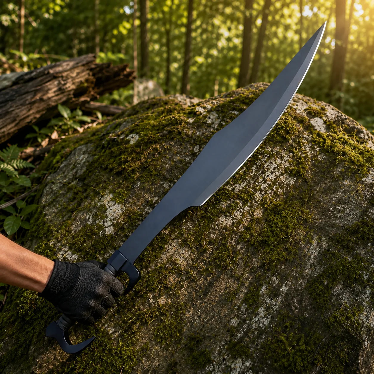 King Leonidas Spartan Sword Replica 300 displayed with black leather sheath on a mossy rock