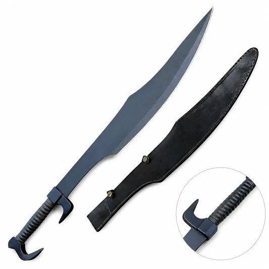 King Leonidas Spartan Sword Replica 300 resting on a fallen log in a lush green forest