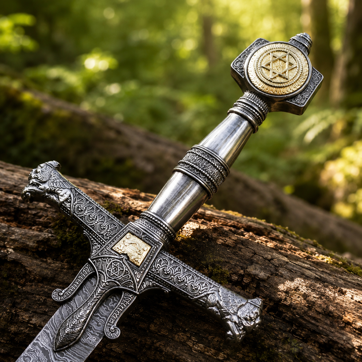 King Solomon Damascus Sword prop replica – ornate handle with Star of David pommel and cross-guard detail