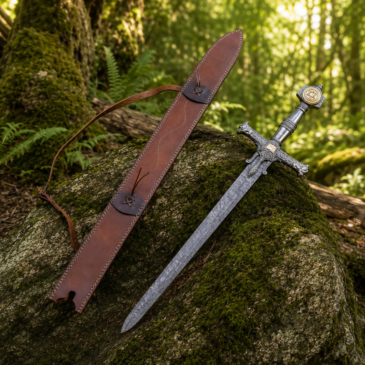 King Solomon Damascus Sword prop replica with leather scabbard – biblical legend display collectible in forest setting
