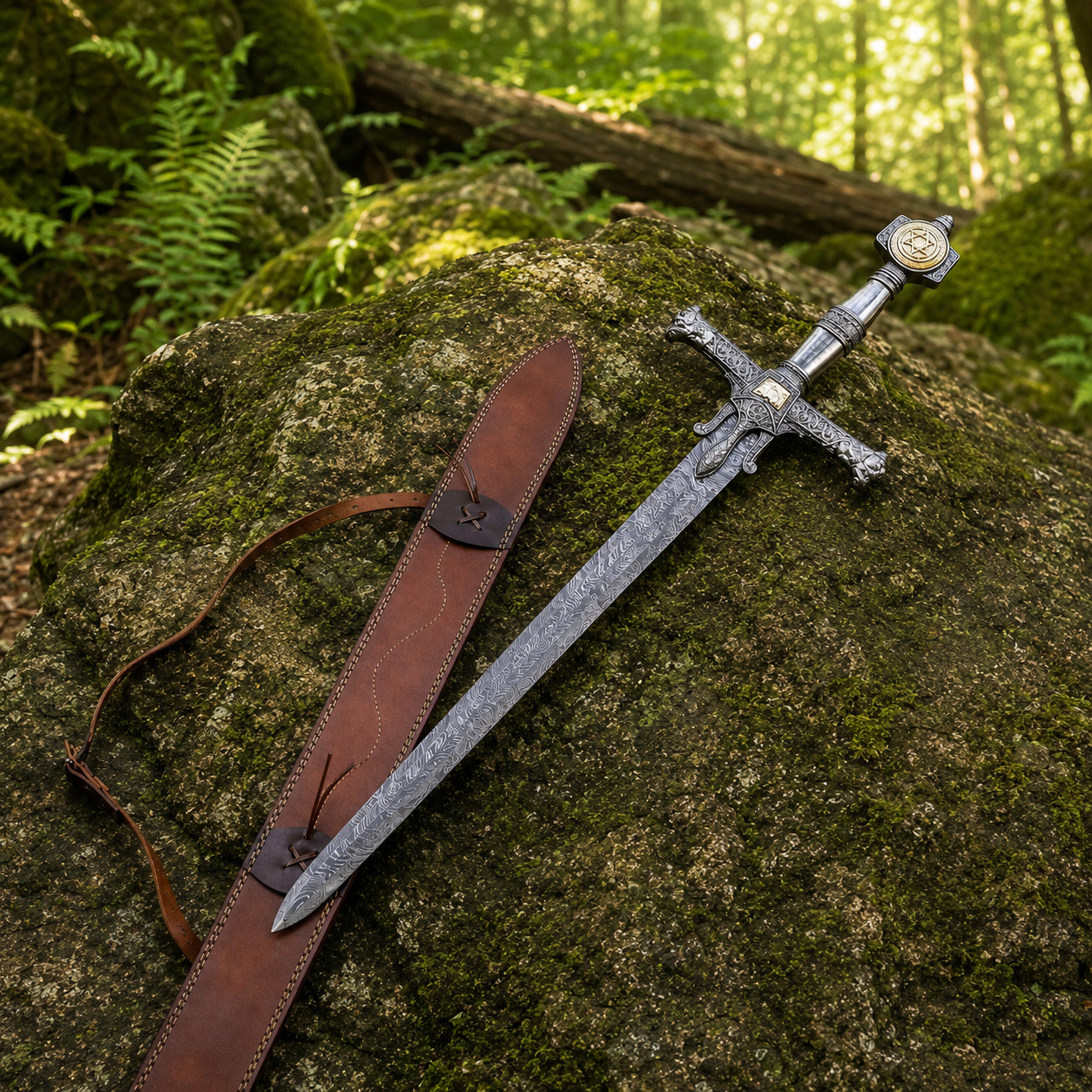 Full-length King Solomon Damascus Sword prop replica with decorative leather scabbard – historical fantasy collectible