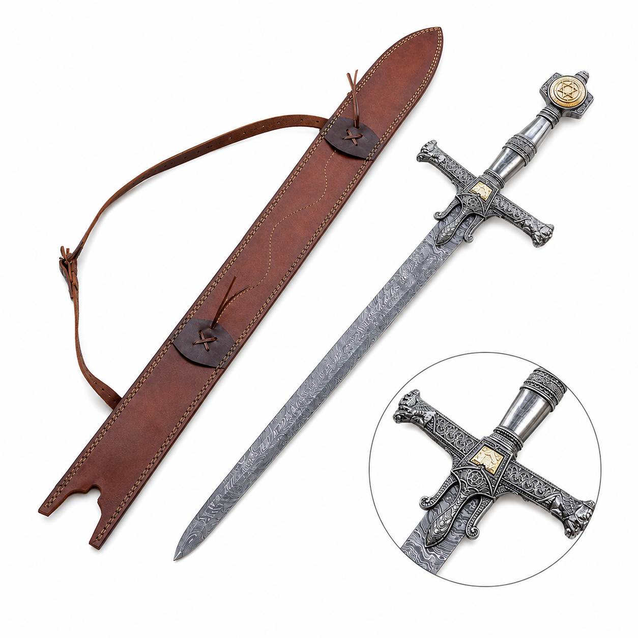 King Solomon Damascus Sword prop replica and leather scabbard on white background – display collectible for collectors