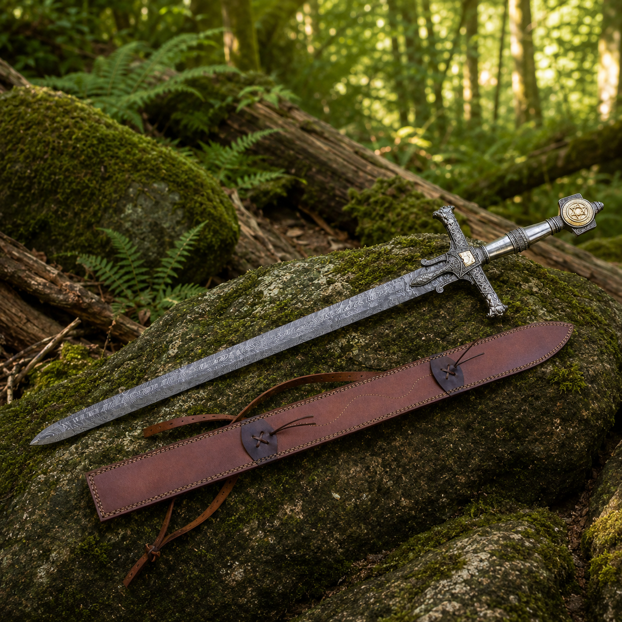 King Solomon Damascus Sword prop replica displayed outdoors – fan-inspired biblical legend collectible with scabbard