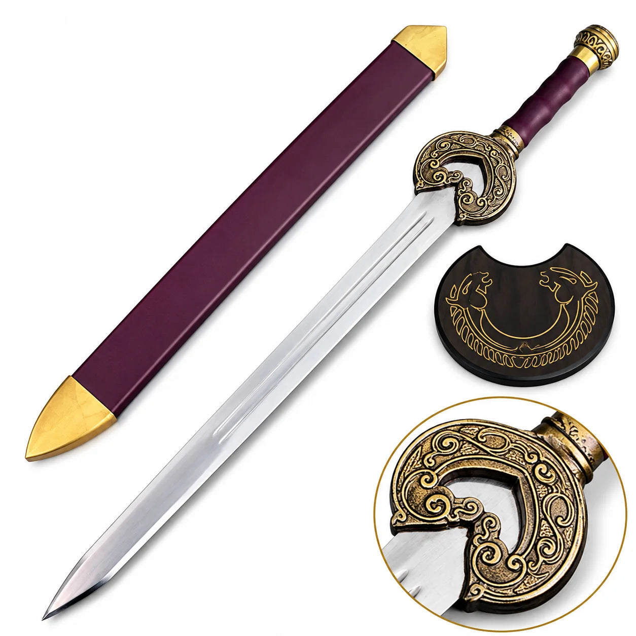King Theoden Herugrim prop replica full length on mossy rock with plum scabbard and Rohan horse medallion – LOTR Rohan display collectible