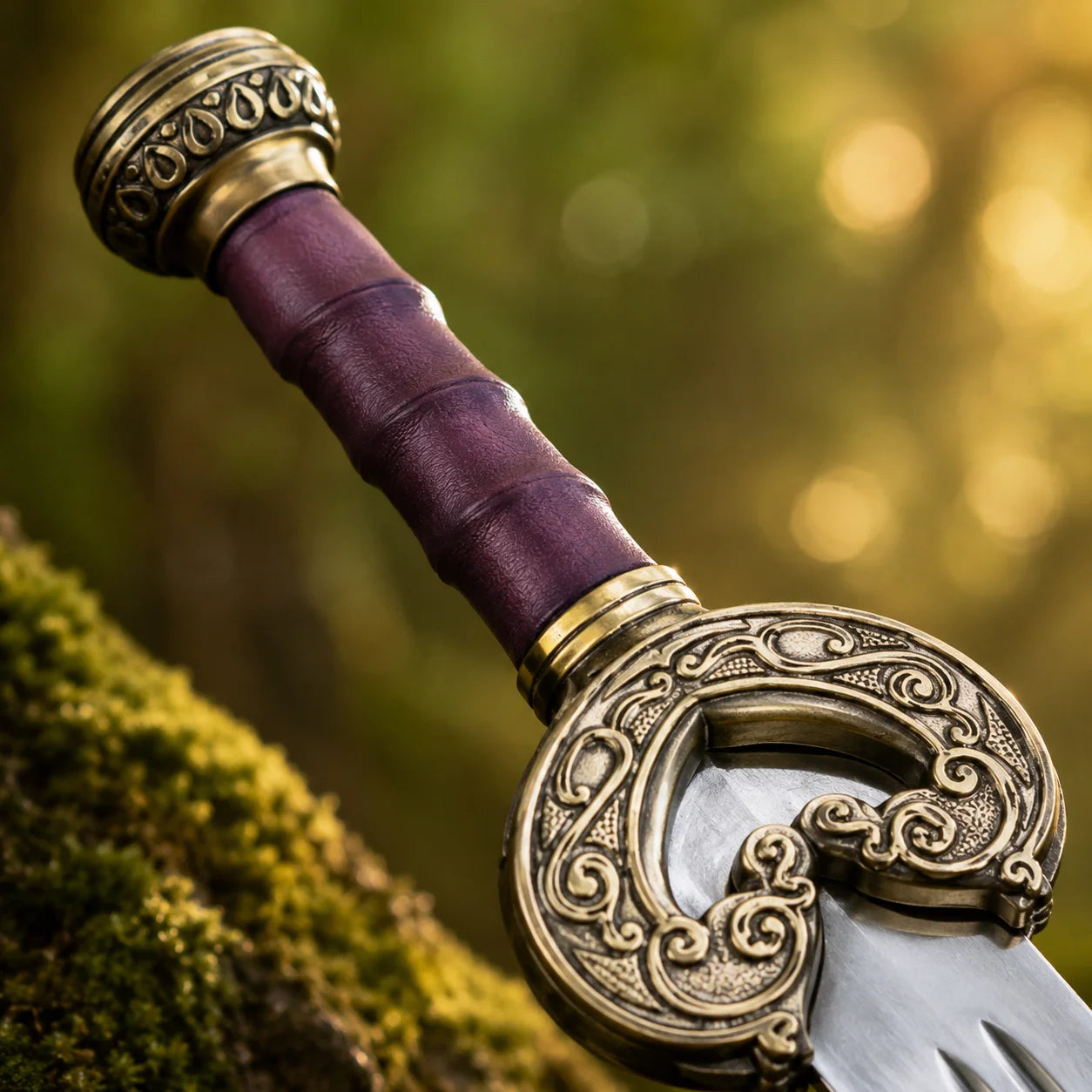 Close-up of Herugrim prop replica polished silver triple-fuller blade with tapered profile in golden forest bokeh – King Theoden LOTR display collectible