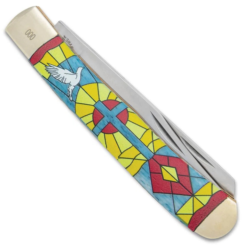 Kissing Crane stained glass trapper knife with dove motif blue bone handle and dual blades