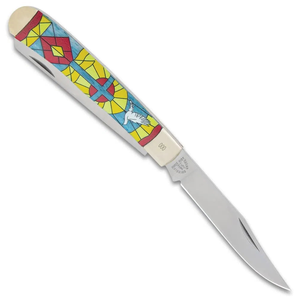 Kissing Crane stained glass trapper knife with dove motif blue bone handle and dual blades