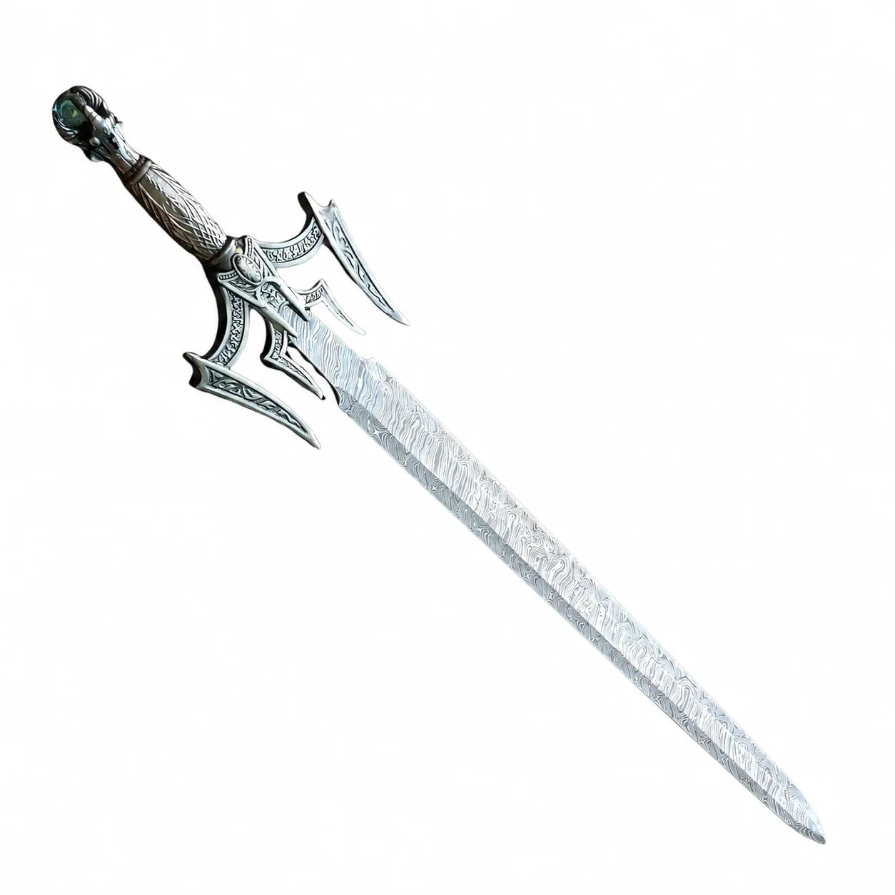 Luciendar sword prop replica hilt close-up – engraved fantasy guard with green gemstone pommel collectible