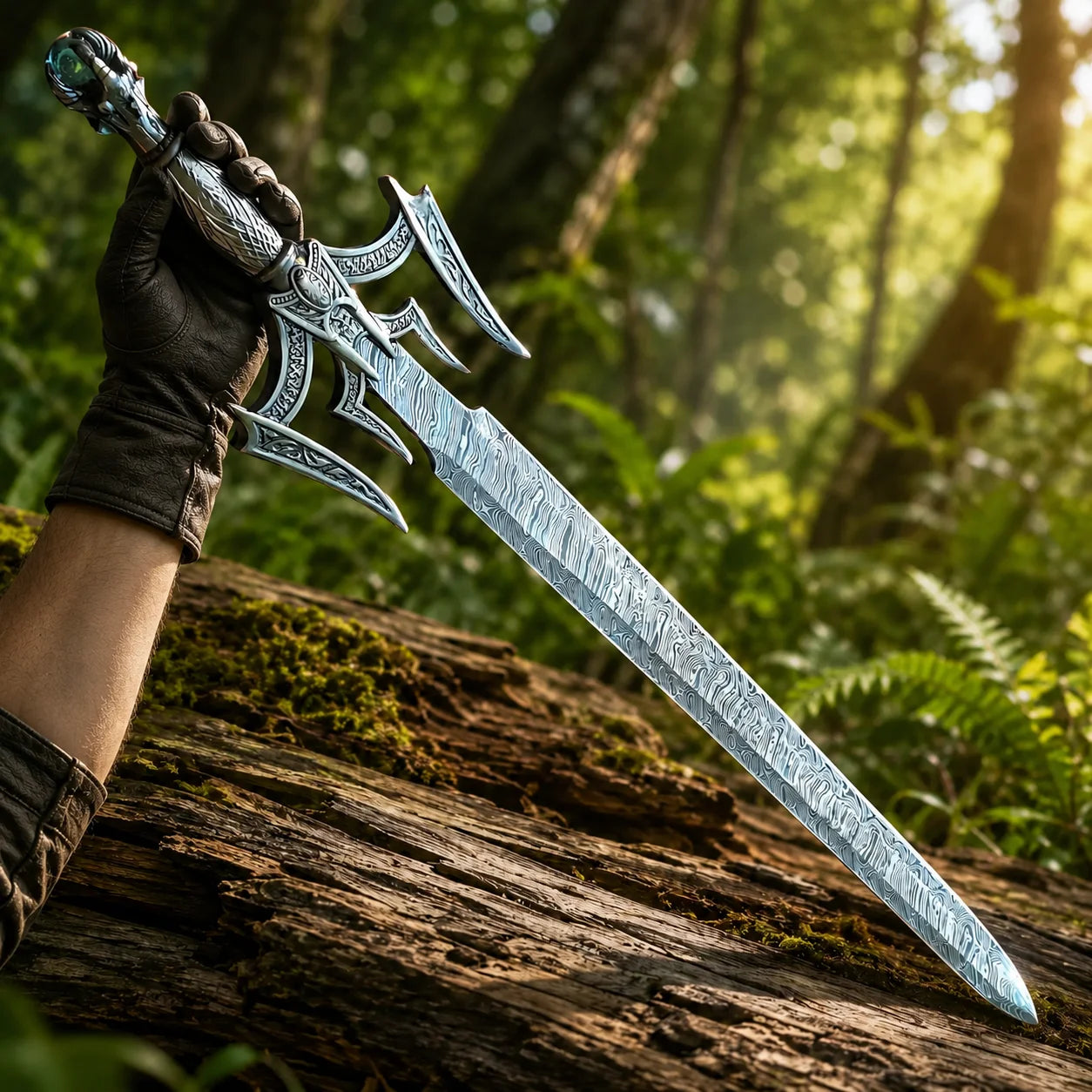 Luciendar Damascus sword prop replica full length view on mossy log – fantasy display collectible