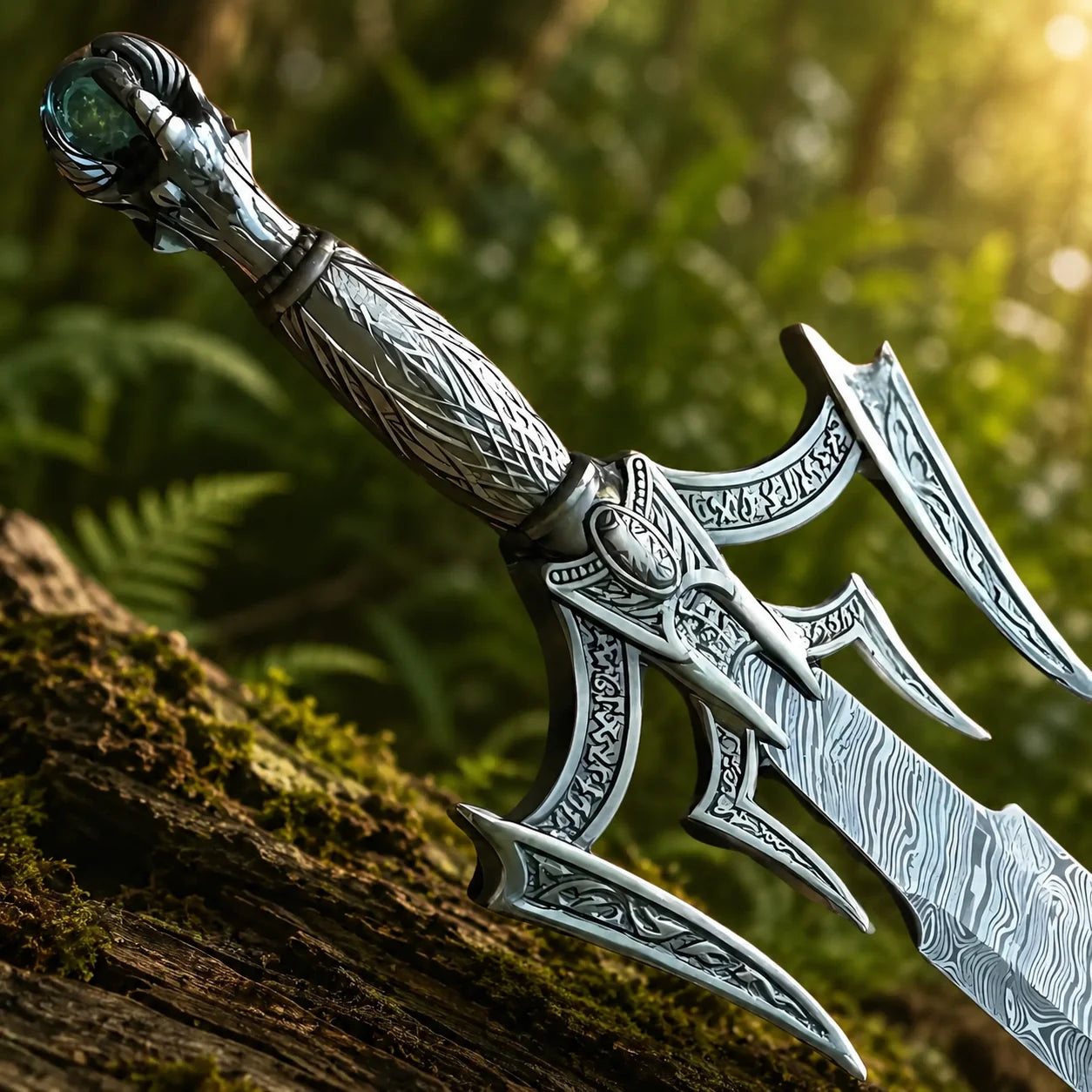 Luciendar sword prop replica displayed on mossy rock – Kit Rae fantasy collectible display piece