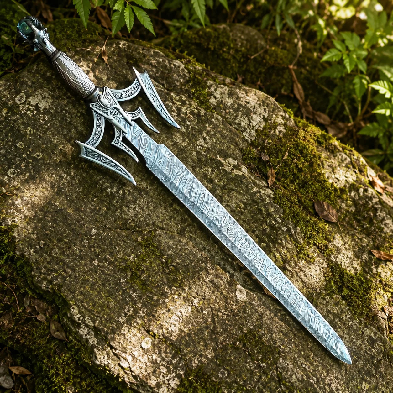 Luciendar fantasy sword prop replica angled on mossy rock – display collectible for fans and cosplayers