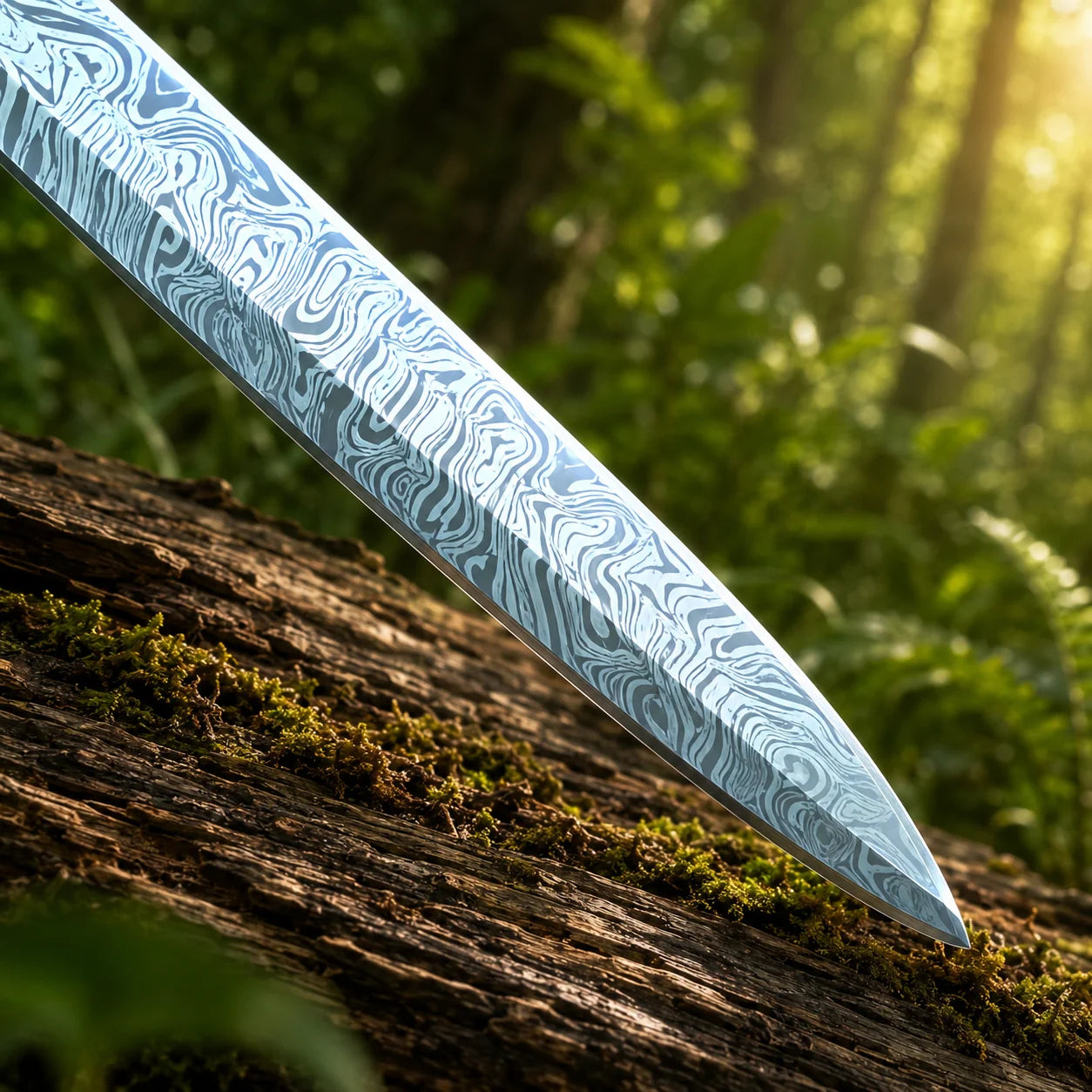 Luciendar sword of light prop replica upright in forest setting – premium fantasy display collectible