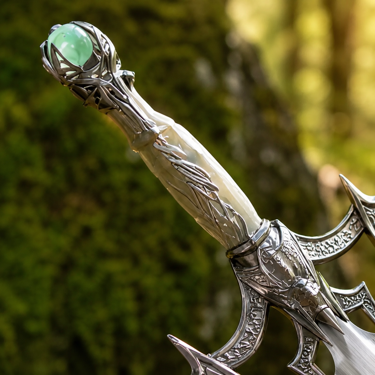 Luciendar Sword of Light prop replica green gem pommel and ornate handle close-up