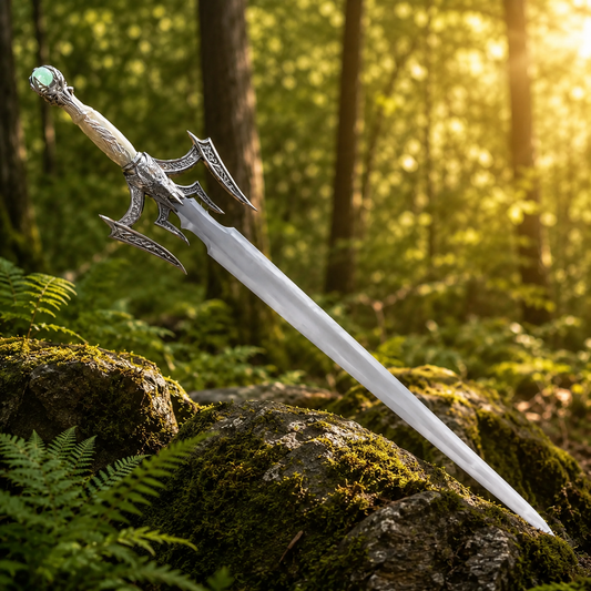 Luciendar fantasy sword prop replica displayed on mossy rock in forest setting – side profile