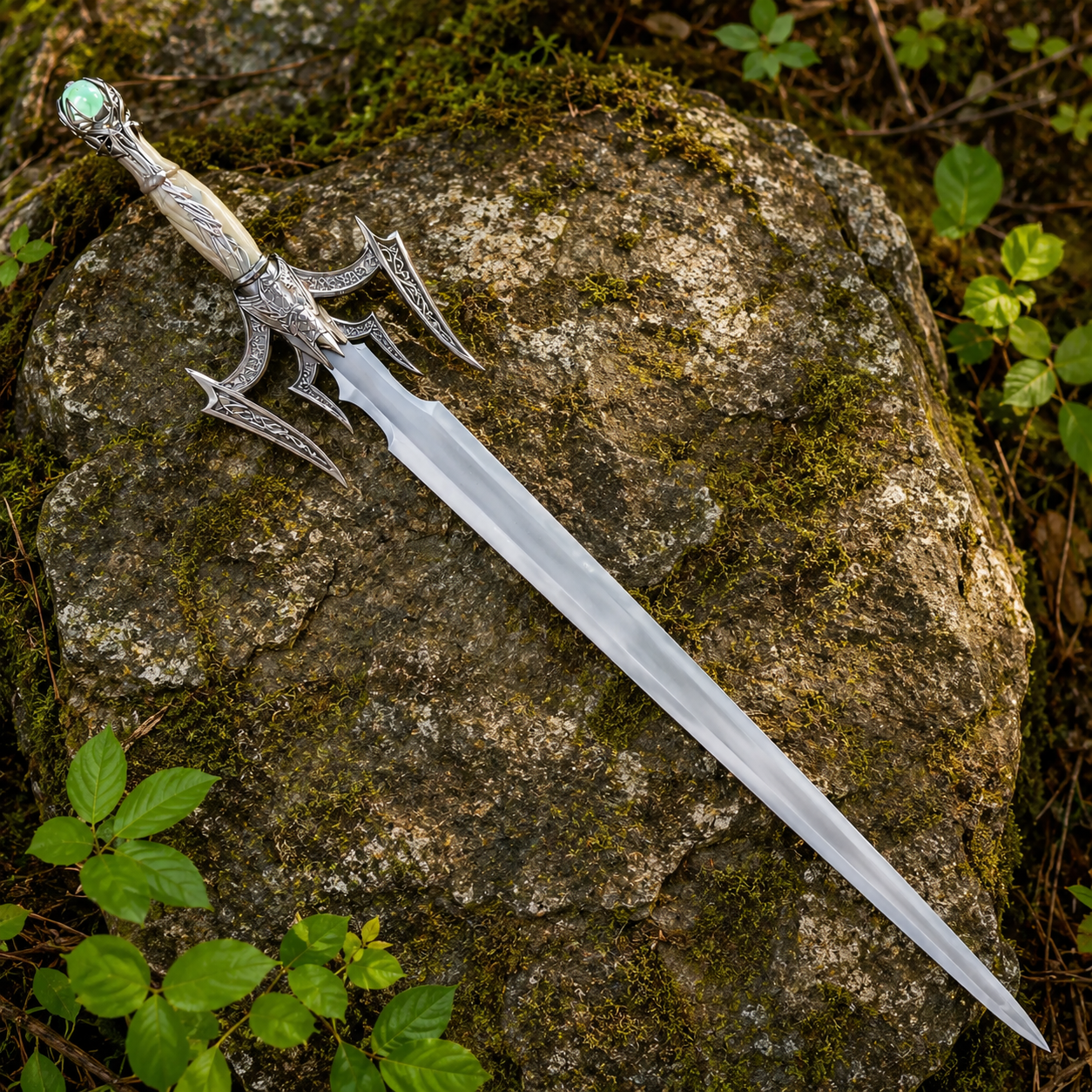 Luciendar Sword of Light display collectible flat lay on stone – fan-inspired fantasy prop replica