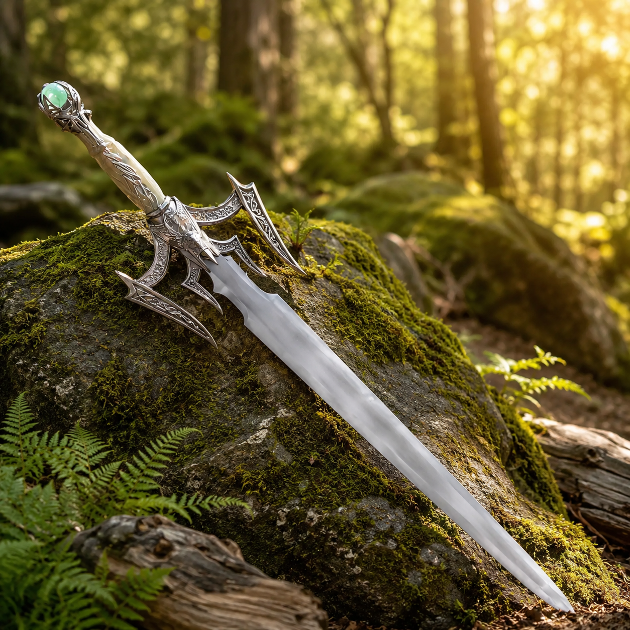 Luciendar prop replica leaning on mossy rock in sunlit forest – cosplay accessory collectible