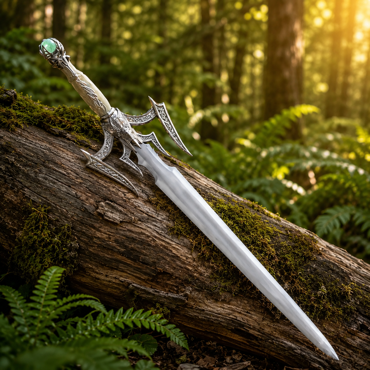 Luciendar Sword of Light decorative prop replica resting on fallen log – fantasy wall display piece