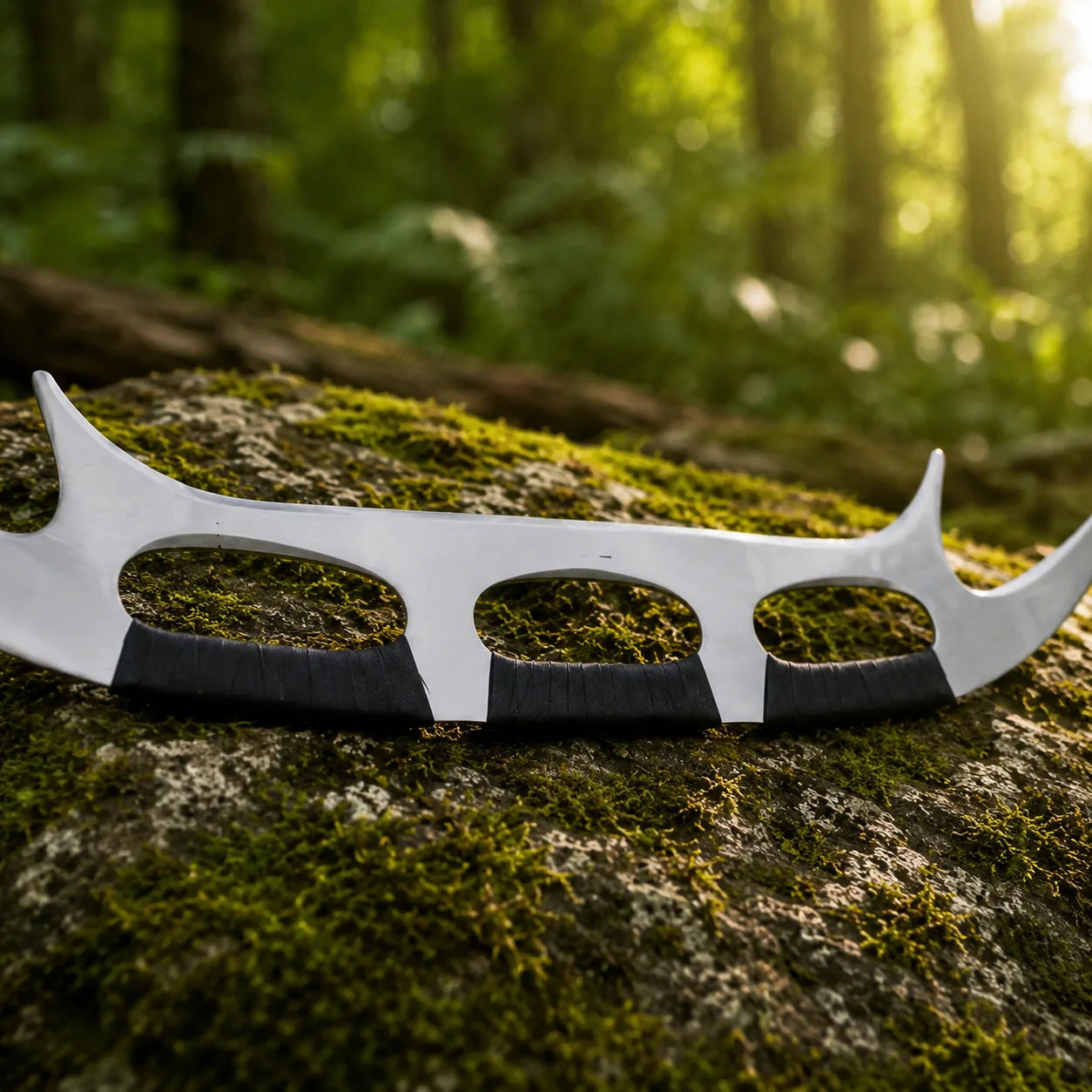 Side profile of Klingon Bat'leth prop replica on mossy rock – Star Trek display collectible