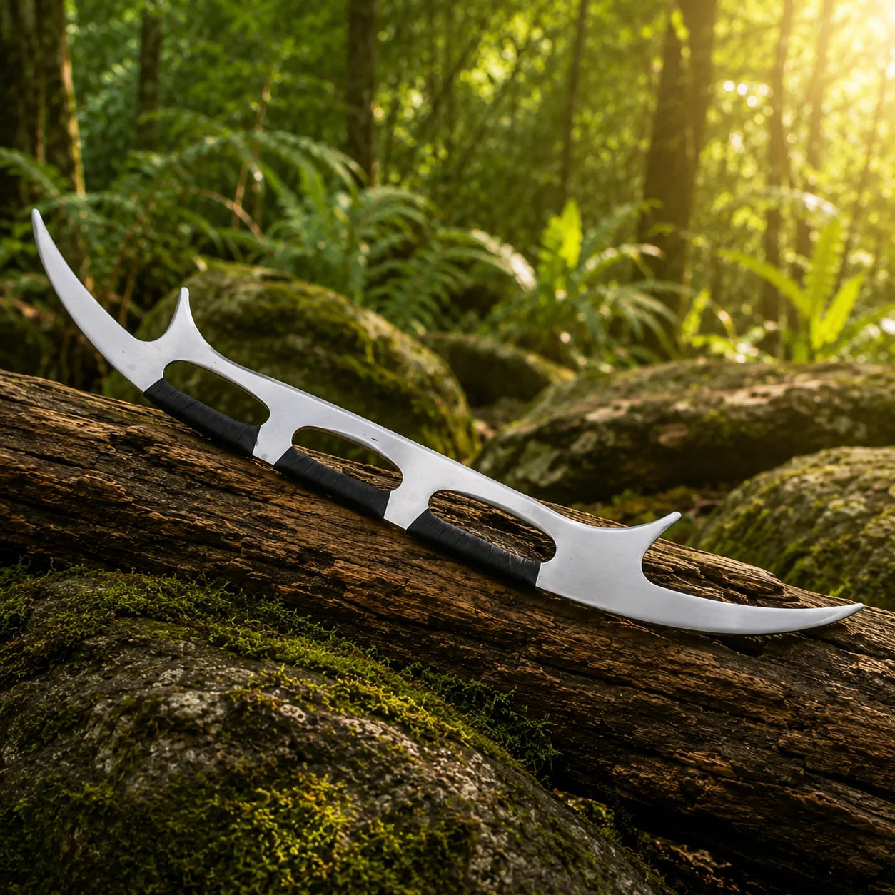 Angled view of Klingon Bat'leth prop replica outdoors – Star Trek fan gift collectible