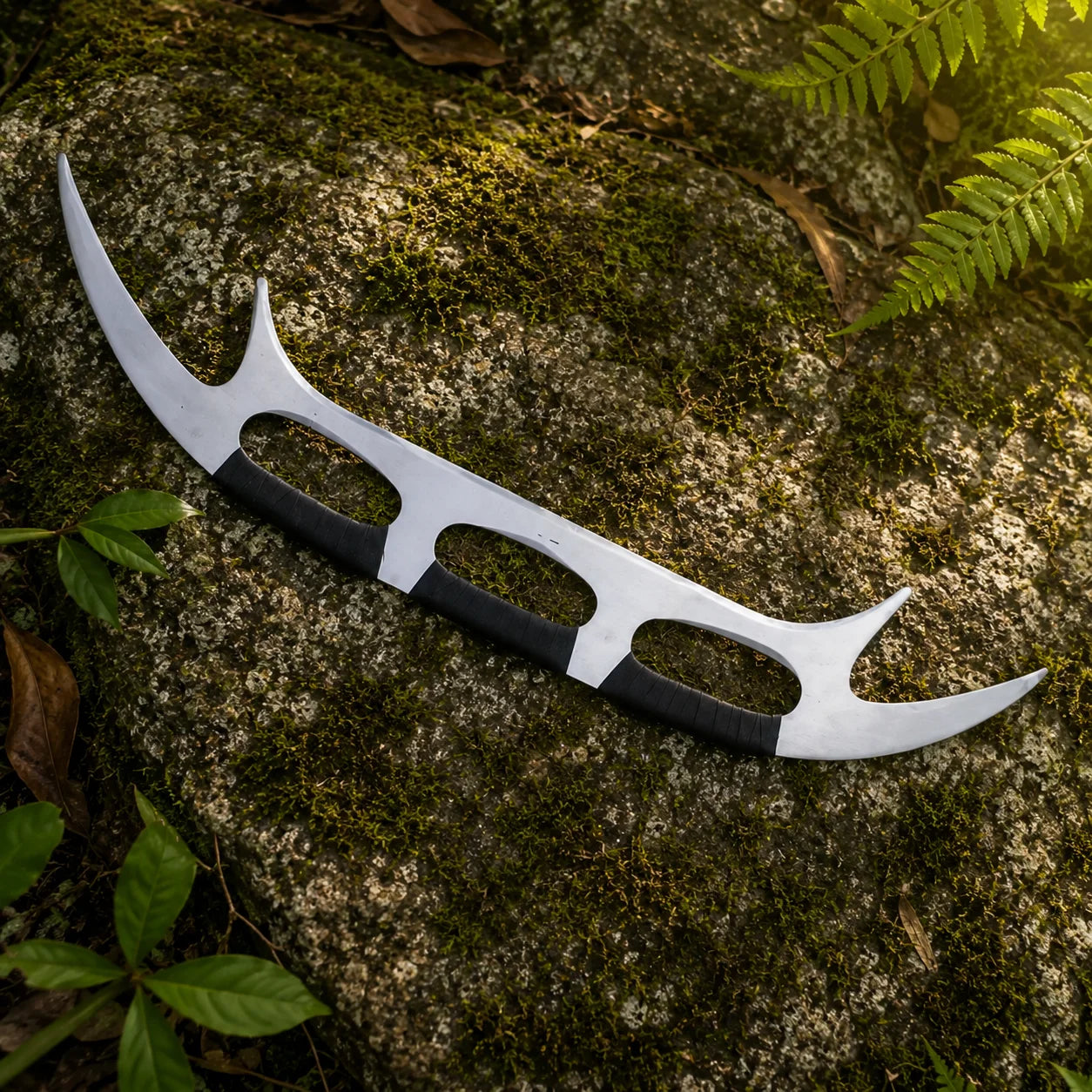Full-length Klingon Bat'leth prop replica on rock – Star Trek sci-fi memorabilia display
