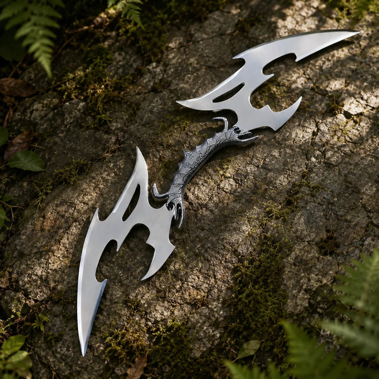 Klingon Valdris Blade prop replica on woodland log – Star Trek cosplay accessory