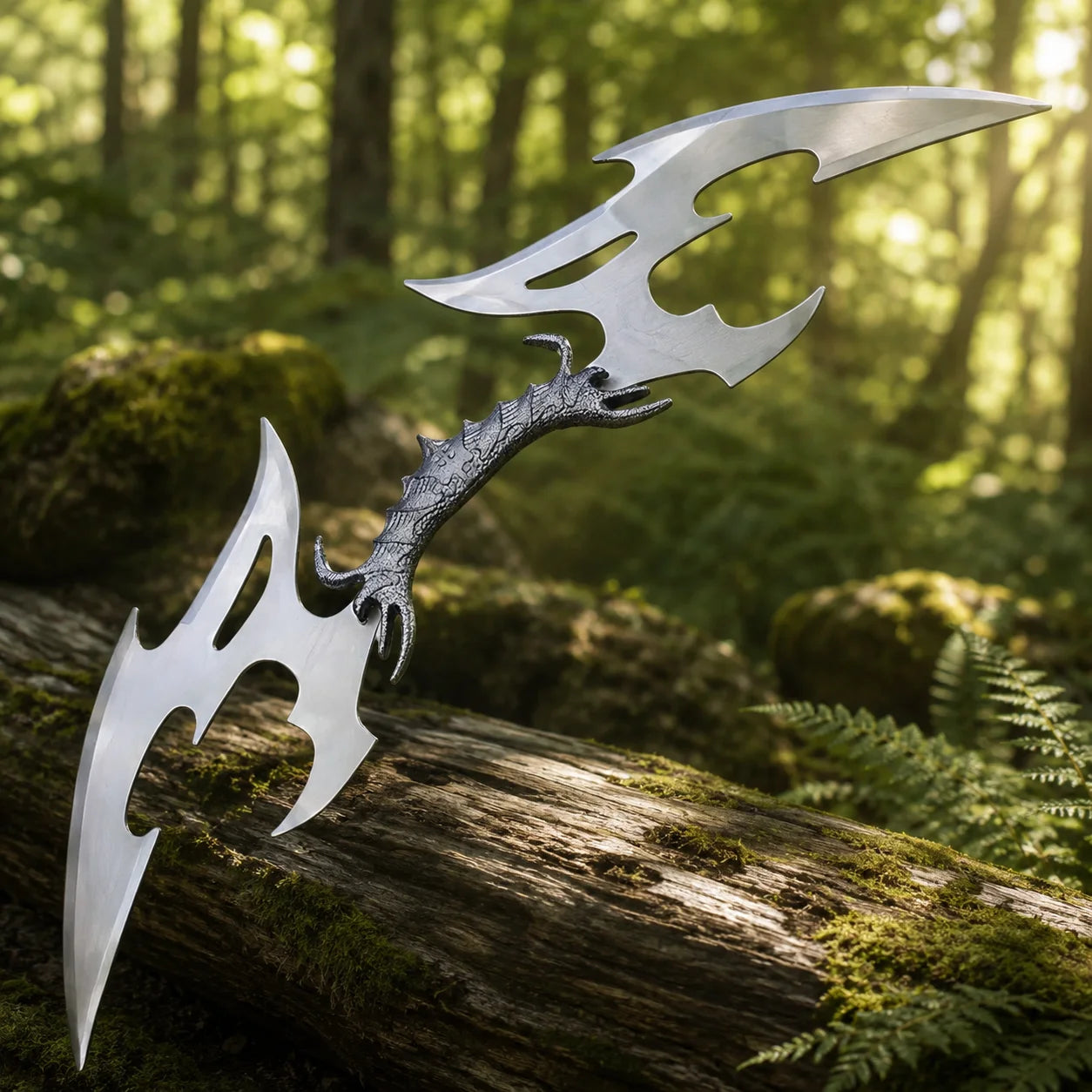 Klingon Valdris Blade prop replica displayed on forest rock – Star Trek fan collectible