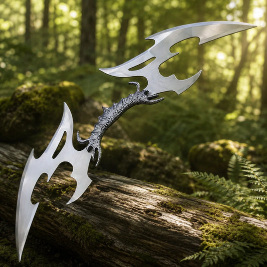 Klingon Valdris Blade prop replica displayed on forest rock – Star Trek fan collectible